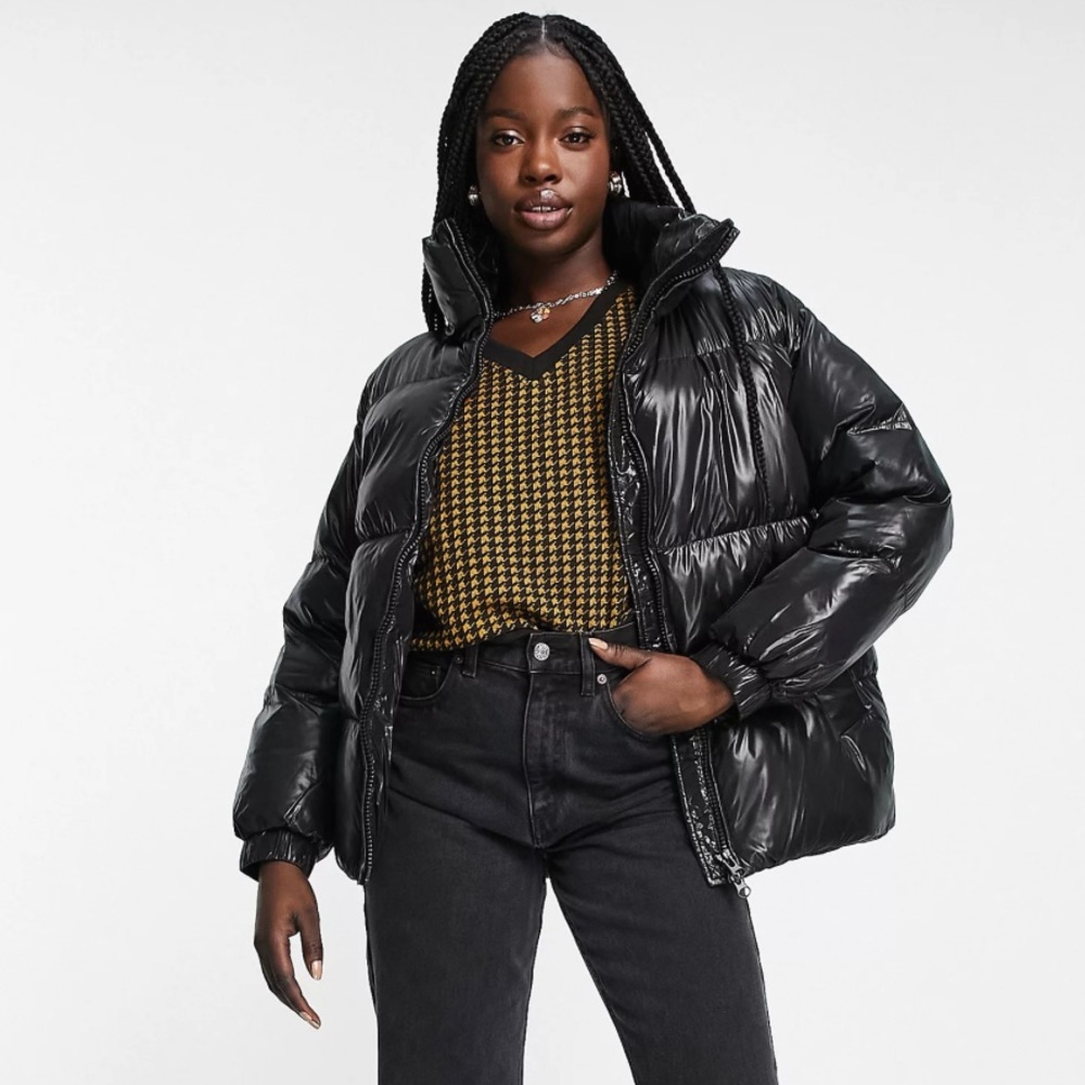 ASOS Monki high shine nylon padded jacket black Plus Curve Missy Elliot puffer